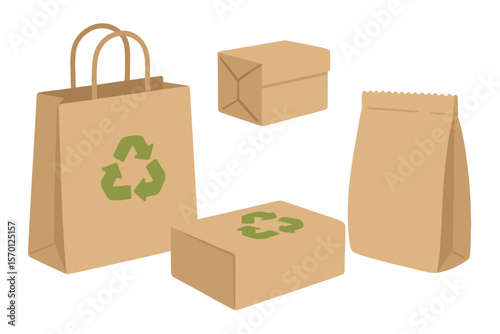 Eco-friendly packaging set, including paper shopping bags, kraft boxes, organic recycled biodegradable packs, and reusable ecologic wraps and delivery sacks, presented as flat vector illustrations