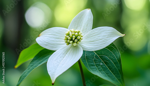 Pacific Dogwood flower blossom. White petals contrast green leaves. Natural outdoor scene. Springtime bloom. Close up of delicate floral beauty