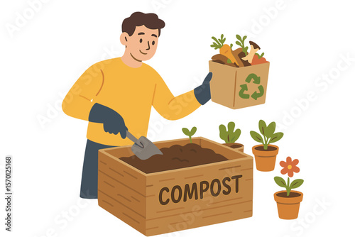 Cartoon flat vector illustration of a young man implementing a compost concept, preparing soil for planting plants, vegetables, and flowers, highlighting farming, agriculture, gardening, and the