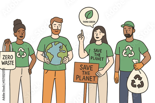 Modern flat outline cartoon vector illustration of eco volunteers and the volunteering concept, featuring a diverse group of characters saving the ecology environment as zero waste activists who