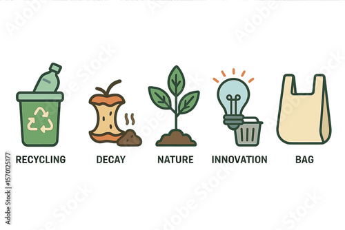 Set of beyond plastic includes concepts like recycling, decay, nature, innovation in waste, and bags