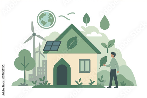 Using green materials for new real estate, home with nature friendly and clean resource consumption vector illustration, sustainable communities and environmental house building tiny person concept