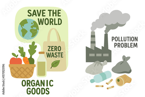 Vector illustration EPS 10 depicting organic goods, pollution issues, environmental conservation, saving the planet, and zero waste concepts