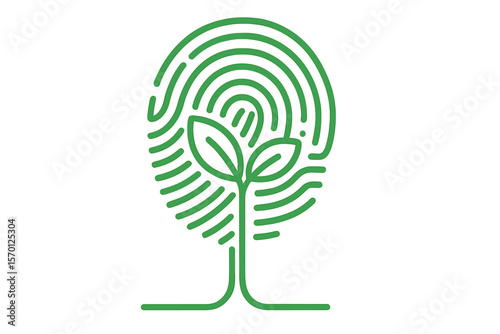 Vector illustration of a green fingerprint tree line icon representing zero emission concept, environment conservation, and human impact on Earth, symbolized by a plant a tree sign amidst