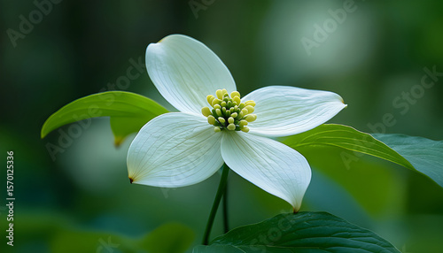 Pacific Dogwood flower blossom. White petals contrast green leaves. Natural outdoor scene. Springtime bloom. Close up of delicate floral beauty