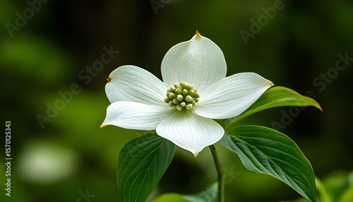 Pacific Dogwood flower blossom. White petals contrast green leaves. Natural outdoor scene. Springtime bloom. Close up of delicate floral beauty