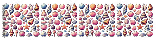 Repeating pattern of seashells and pebbles in various shapes and colors, arranged in rows.