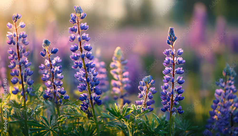 Fototapeta premium Field of vibrant blue purple lupine flowers bloom under the sun during spring. Lush green meadow background with soft focus