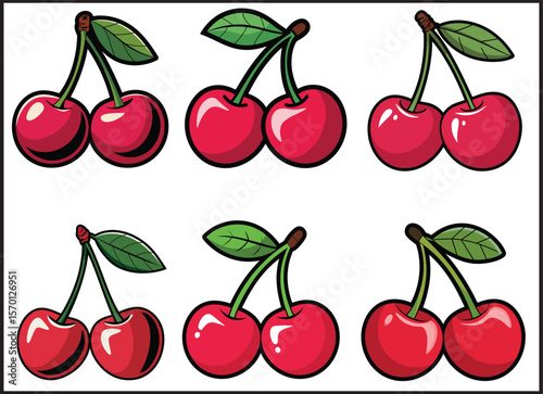 Cherry Fruit Pairs Collection Set - Vector Bundle of Red Sweet Berry Illustrations
