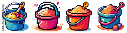 Colorful pixel art illustrations of beach buckets filled with sand and tools.