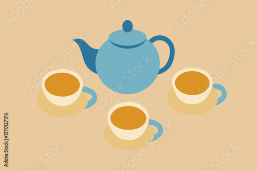Ceramic Tea Set on Linen Background Top View