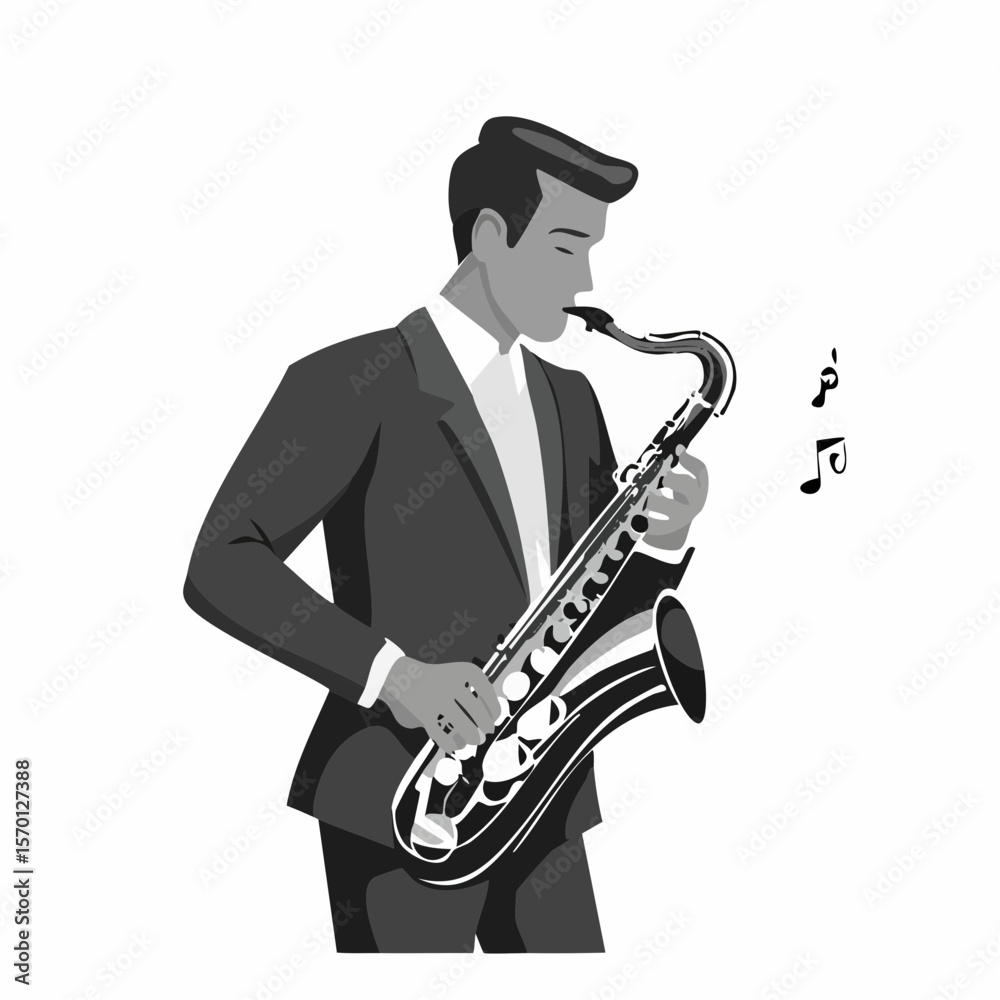 Naklejka premium Man playing saxophone in a stylized illustration vector image on white background.