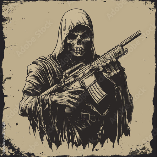 Dark Fantasy Illustration of Death Holding Gun