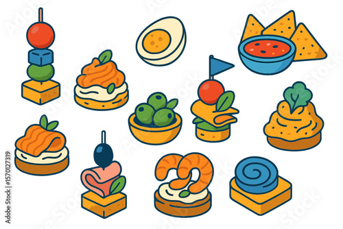 Collection of party treats, including canapés, fresh snacks, and delicious appetizers for a festive menu in cartoon vector style
