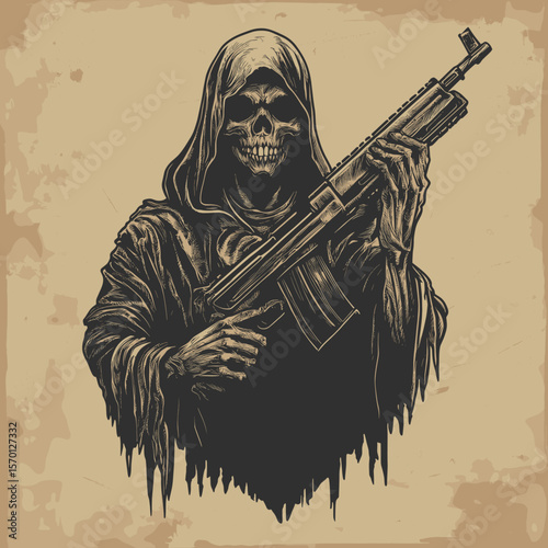 Dark Fantasy Illustration of Death Holding Gun