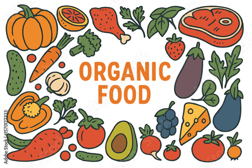 Vector illustration of a food frame sketch featuring hand drawn vegetables, fruits, and meat, forming an organic food set with a good nutrition pattern