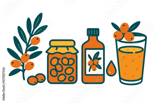 A set of sea buckthorn berry, a sweet food item, a nourishing oil, a drink, and a dietary supplement are isolated