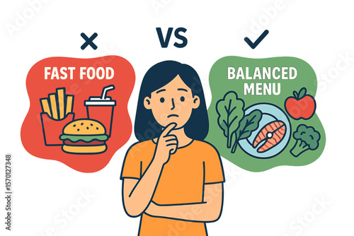 Young women are faced with the decision of selecting either nutritious or unhealthy food options, highlighting the contrast between fast food and a balanced diet