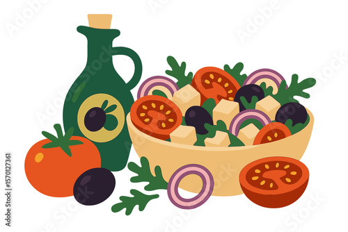 A 3D rendering of a Greek salad, complete with fresh vegetables, tomatoes, onion, olives, and a bottle of olive oil, showcasing the flavors of Mediterranean cuisine through detailed vector food