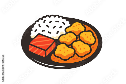 Vector illustration of a traditional Eastern cuisine dish, featuring Chinese meat with rice, curry chicken on a black plate, meat chops in sweet and sour sauce, and square-cut salmon, all in a