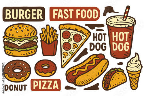Posters of American fast food feature vector illustrations of burgers, hot dogs, pizzas, and sodas, along with French fries, donuts, ice cream, or tacos as takeaway snacks on a blackboard with a junk