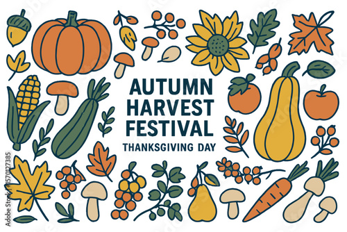 A seasonal vector design for the autumn harvest festival, showcasing a traditional Thanksgiving day scene from a top view perspective, complete with hand-drawn illustrations of plants, fruits