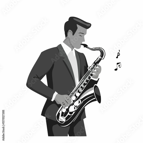 Man playing saxophone in a stylized illustration vector image on white background.