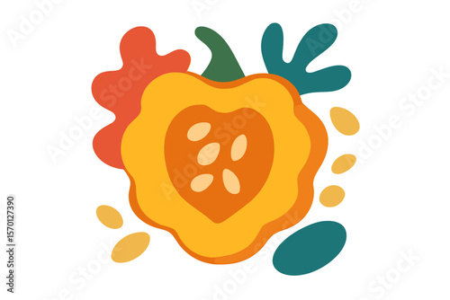 Vector illustration featuring a flat cut out style abstract design of a vegetable, specifically an acorn squash cross section with seeds