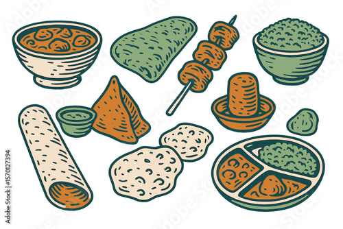 Vector illustration of Indian food icons in a hand-engraved style, isolated for use