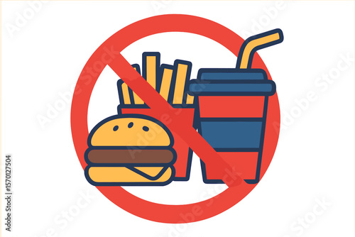 A 3D vector illustration of a red banned sign on a white background, warning of the dangers of fast food, including burgers, cola, and french fries, symbolizing unhealthy eating