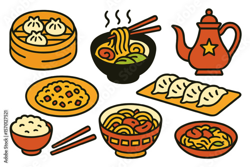 Chinese cuisine is represented by a vector illustration of a traditional Asian dinner meal and lunch from China that is delicious