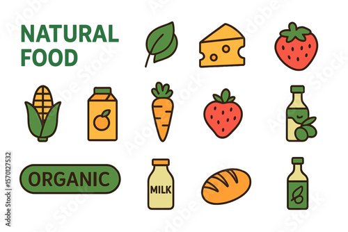 A set of natural food icons in a flat line style, suitable for packaging use