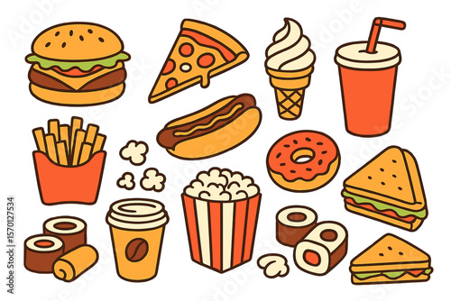 Vector illustrations of fast food items and beverages, including hamburgers, pizzas, hot dogs, cheeseburgers, coffee, soda, ice cream, french fries, popcorn, donuts, rolls, and sandwiches, are drawn