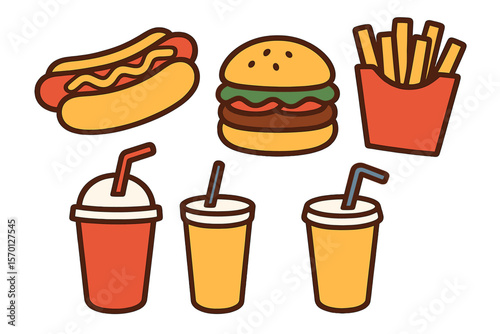 The collection of fast food includes hot dogs, burgers, cola, French fries, and a drink