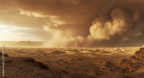 Desert landscape with dramatic sky and distant mountains under golden light.