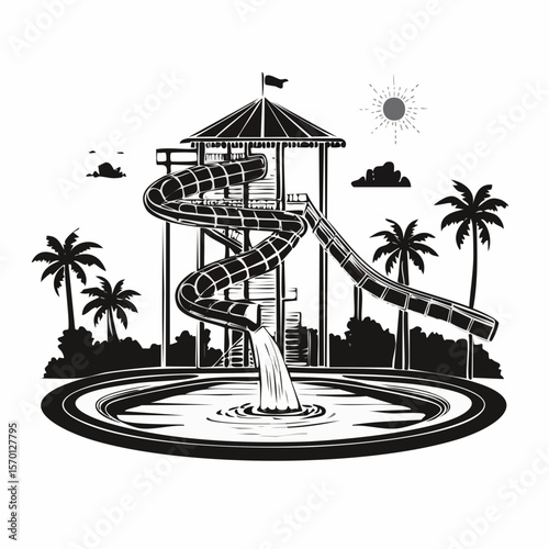 Water Park Slides image vector. Aqua park with water slides and swimming pool image vector.