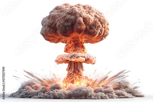 Game-style atomic explosion with mushroom cloud on white background
