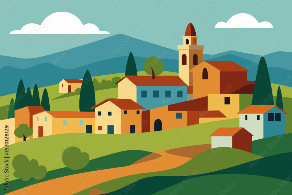 Naklejka premium Oil Painting of Peaceful Tuscany Village