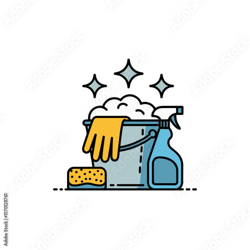 Cleaning Supplies Icon Featuring a Bucket, Gloves, Spray Bottle, and Sponge for All Your Cleaning Needs