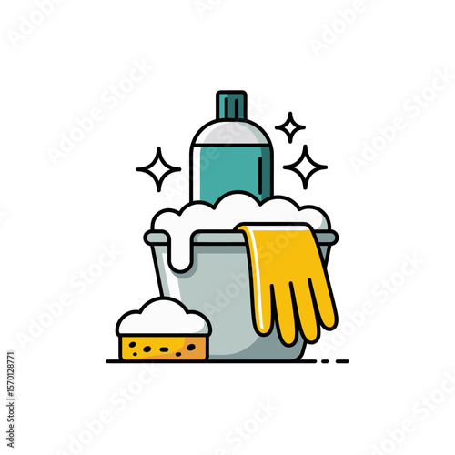 Cleaning supplies including a bottle of liquid bucket sponge and yellow glove with bubbles and sparkles