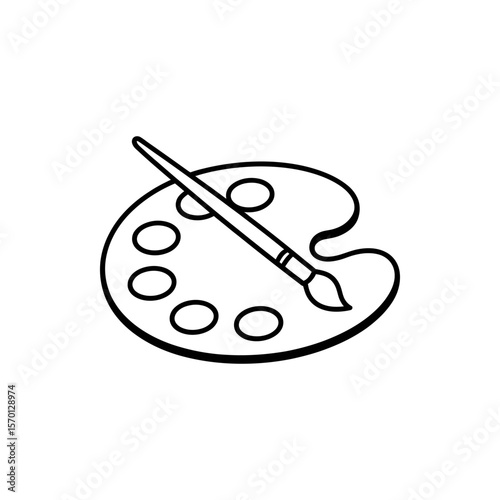 Simple black and white outline drawing of an artist s paint palette with a brush