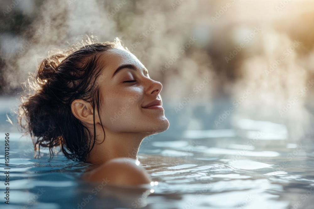 Obraz premium Woman Relaxing in Water with Eyes Closed, Surrounded by Steam, Spa, Wellness, and Calmness.