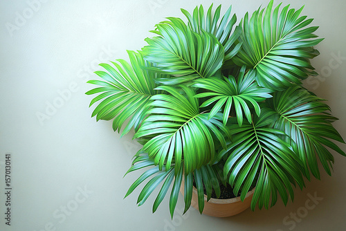 Gardening or plant care content. Potted palm tree with wide, green leaves on a white background. Top view. Palm tree with fleshy leaves.