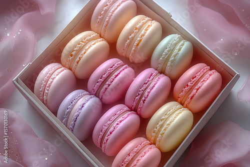 Celebration and Party. Various colored macaron in box with soft lighting. Top view.