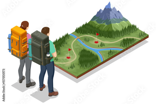 Two hikers with backpacks looking at a 3D hiking map with trails, rivers, flags, and mountains. Adventure, trekking, and outdoor navigation concept in isometric style.