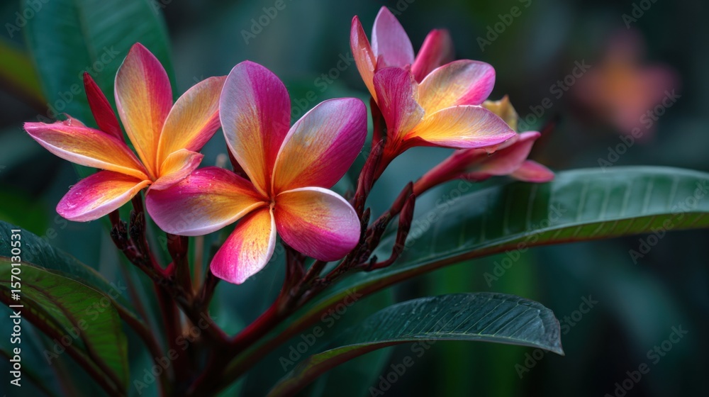 Fototapeta premium A group of flowers with pink and yellow petals. The flowers are on a green leaf
