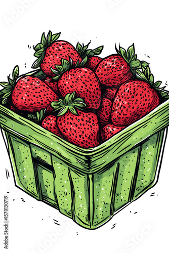 Freshly Handpicked Strawberries in a Green Basket