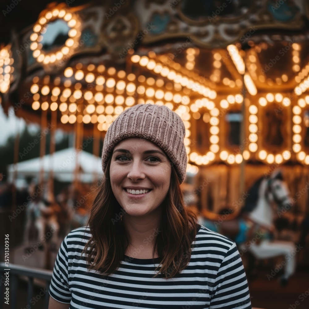 Young caucasian female enjoying carousel ride at nighttime amusement park Young caucasian female enjoying carousel ride at nighttime amusement park