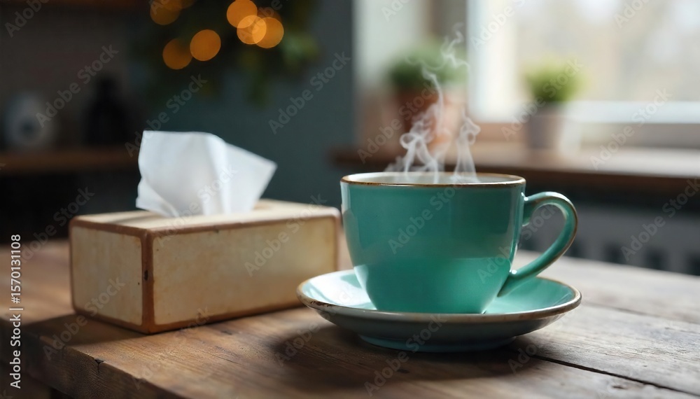 Fototapeta premium Steaming Mug and Tissues on Rustic Wood Cozy Winter Comfort, Cold and Flu Remedy