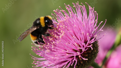 Bee on pink bloom in sunlight.